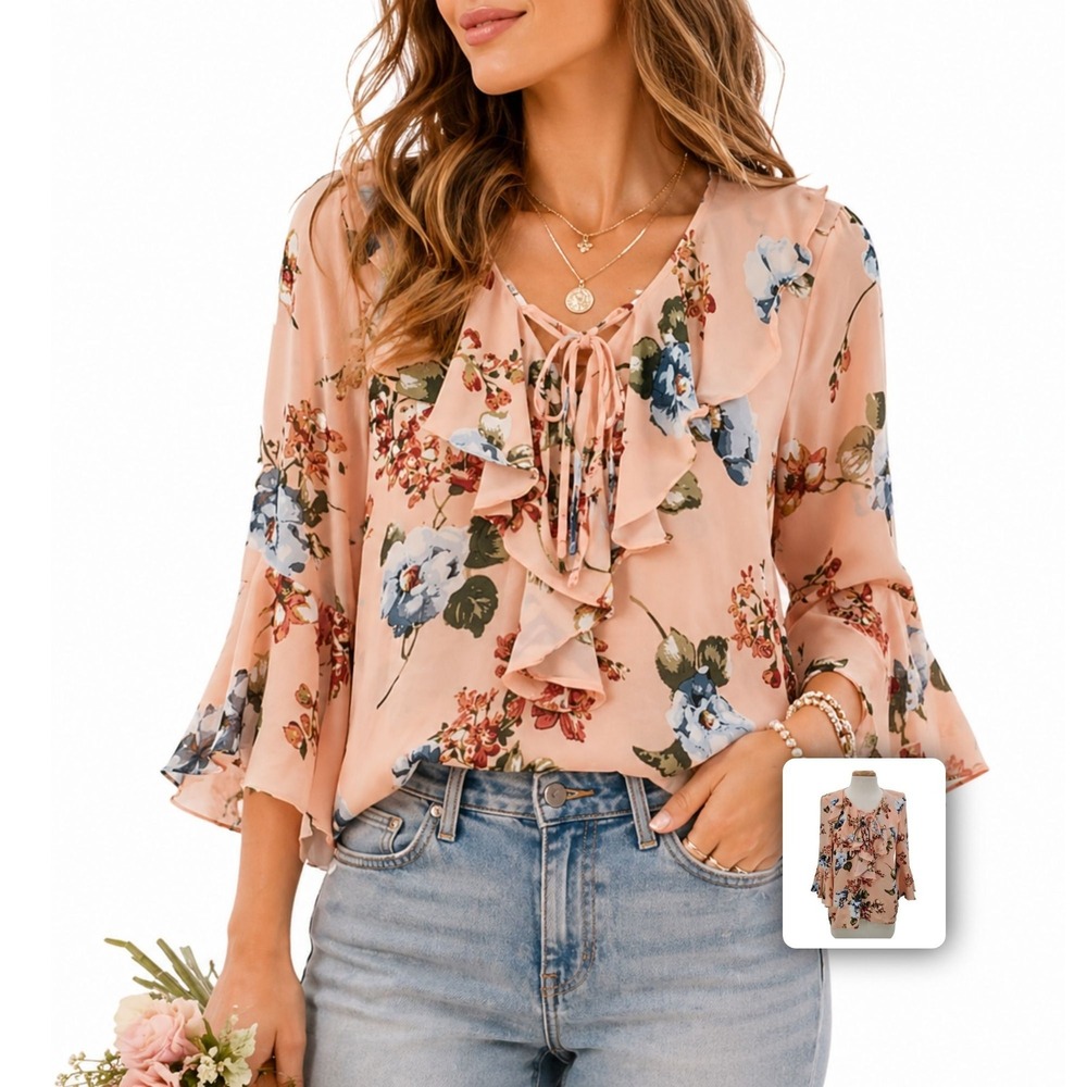 My Michelle Floral Chiffon Blouse Sheer‎ Tie Neck Ruffle Office Romantic M